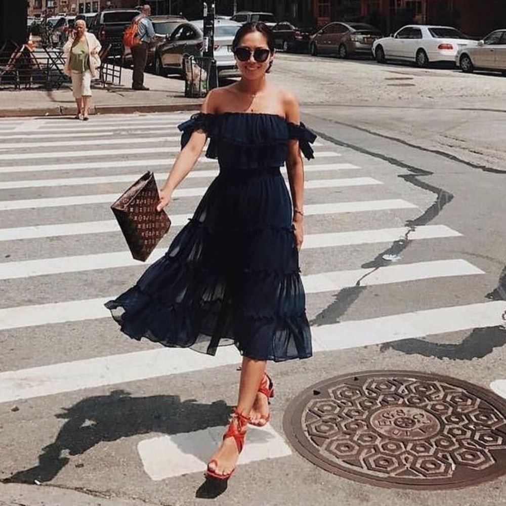 Misa Los Angeles Navy Off-Shoulder Maxi Dress